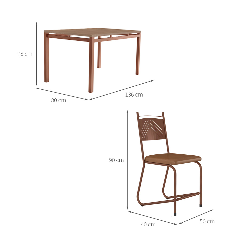 Conjunto de Mesa Retangular com Tampo de MDP Marrom Valência e 4 Cadeiras Marselha Revestimento Sintético Terracota e Cobre
