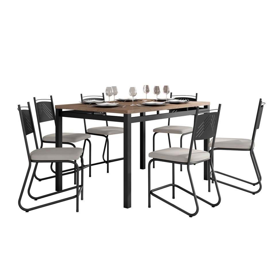 Conjunto de Mesa Retangular com Tampo de MDP Marrom Valência e 6 Cadeiras Marselha Revestimento Sintético Bege e Preto