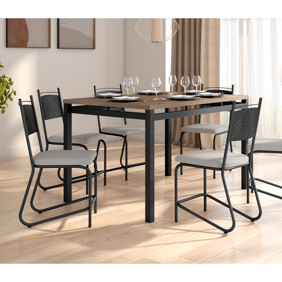 Conjunto de Mesa Retangular com Tampo de MDP Marrom Valência e 6 Cadeiras Marselha Revestimento Sintético Bege e Preto