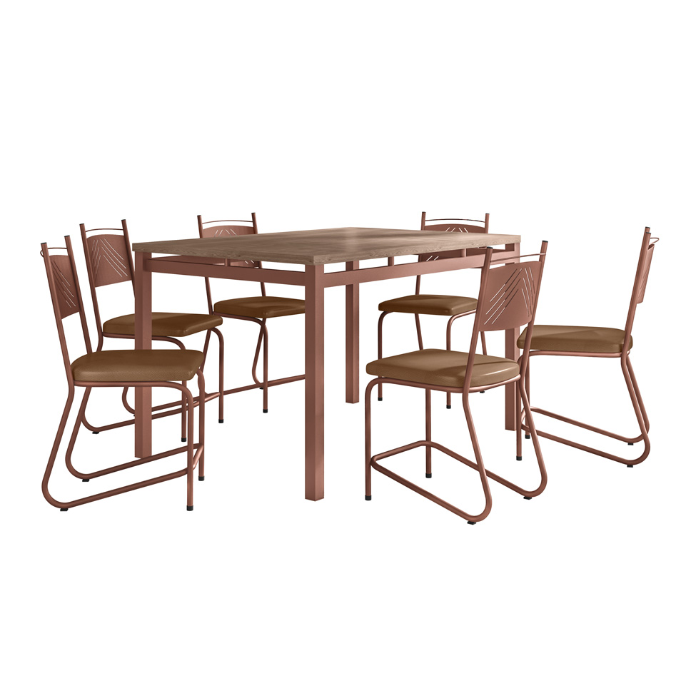 Conjunto de Mesa Retangular com Tampo de MDP Marrom Valência e 6 Cadeiras Marselha Revestimento Sintético Terracota e Cobre