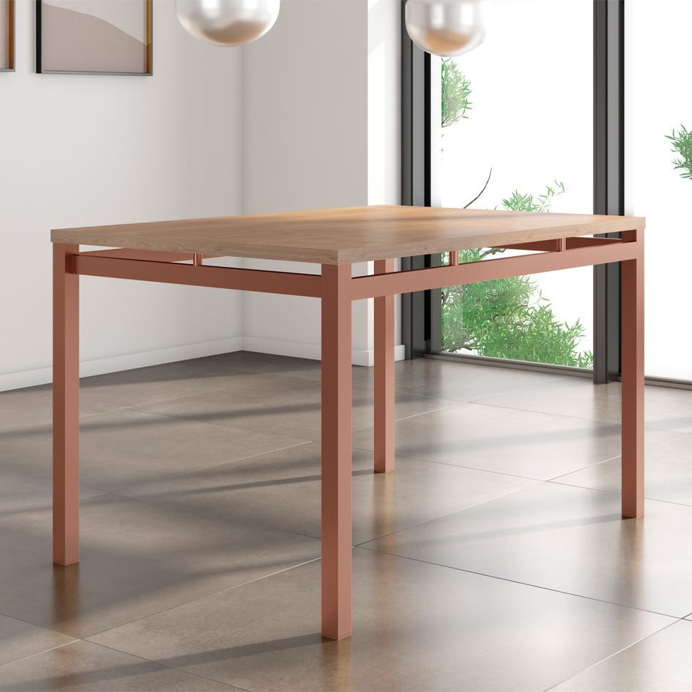 Conjunto de Mesa Retangular com Tampo de MDP Marrom Valência e 6 Cadeiras Marselha Revestimento Sintético Terracota e Cobre