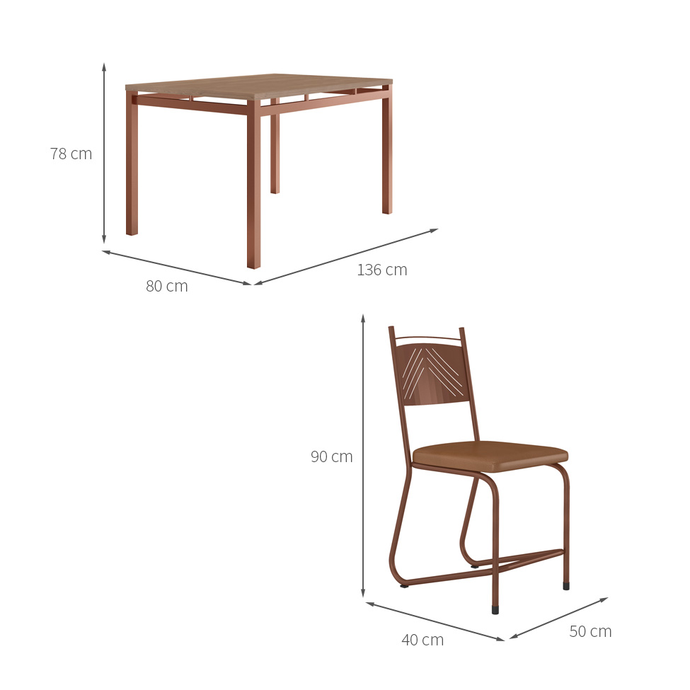 Conjunto de Mesa Retangular com Tampo de MDP Marrom Valência e 6 Cadeiras Marselha Revestimento Sintético Terracota e Cobre