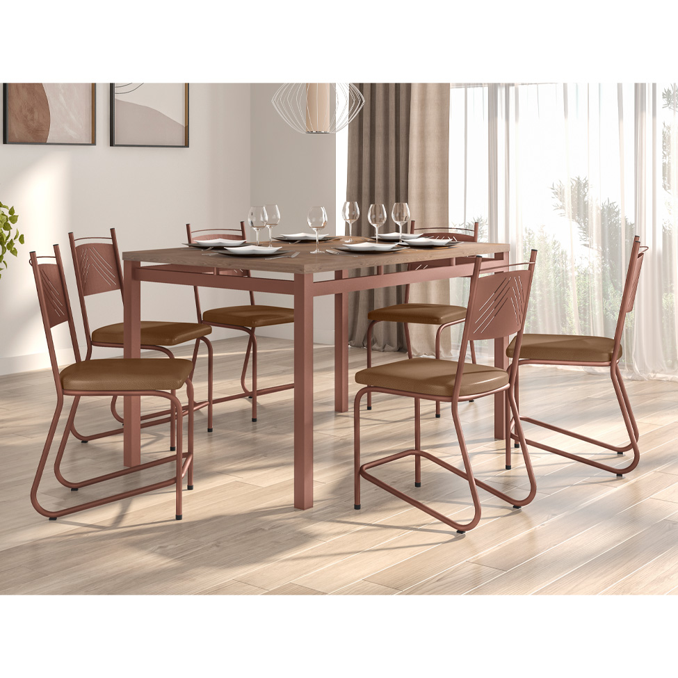 Conjunto de Mesa Retangular com Tampo de MDP Marrom Valência e 6 Cadeiras Marselha Revestimento Sintético Terracota e Cobre