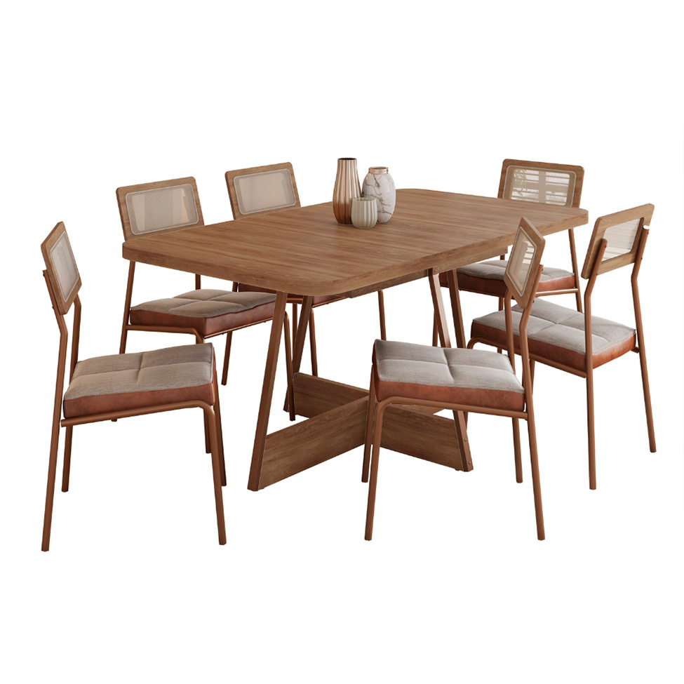Conjunto de Mesa Retangular com Tampo de MDP Nogal Átria e 6 Cadeiras Cadeiras Catarina Revestimento Sintético Caramelo
