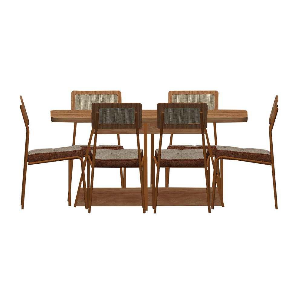 Conjunto de Mesa Retangular com Tampo de MDP Nogal Átria e 6 Cadeiras Cadeiras Catarina Revestimento Sintético Caramelo