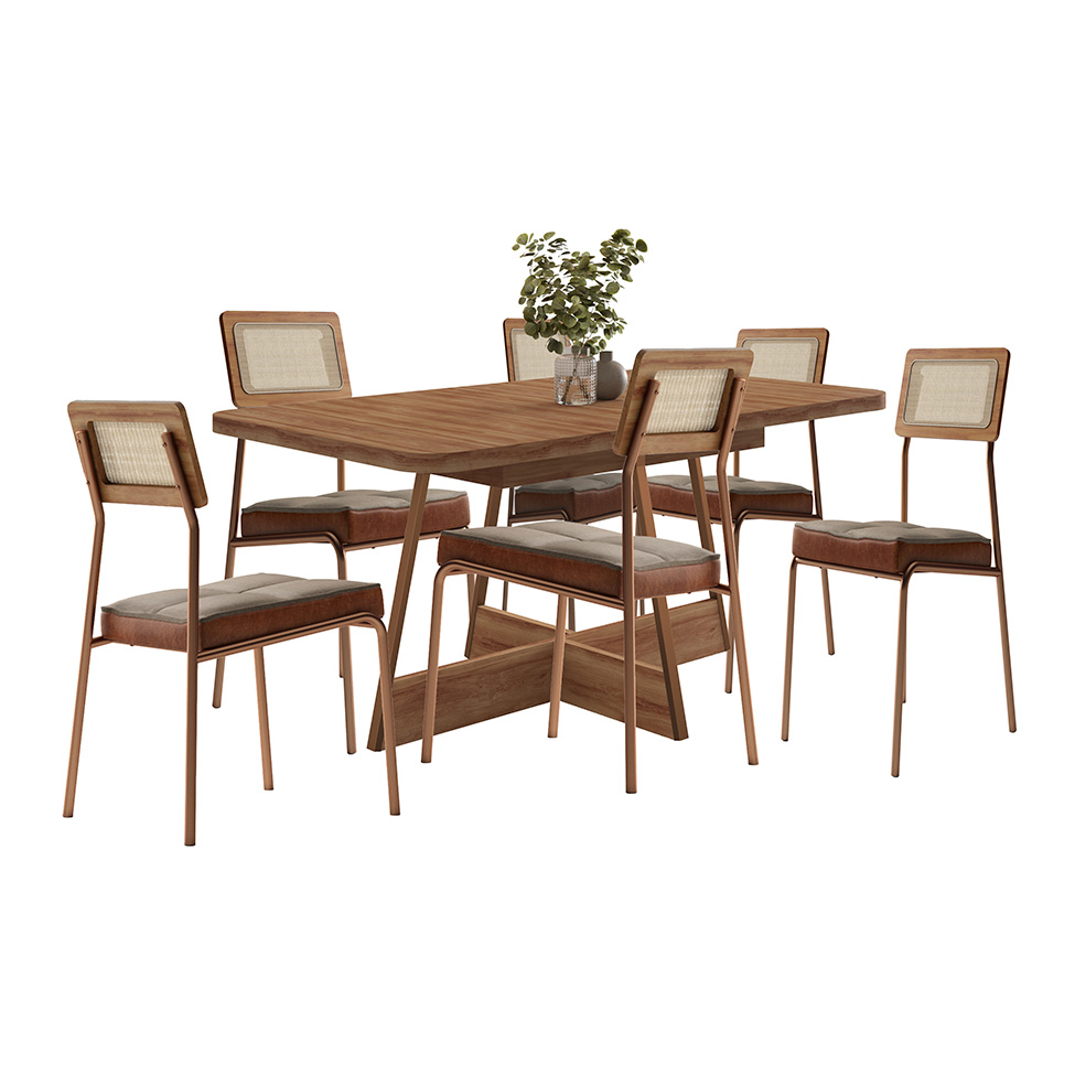 Conjunto de Mesa Retangular com Tampo de MDP Nogal Átria e 6 Cadeiras Cadeiras Catarina Revestimento Sintético Caramelo