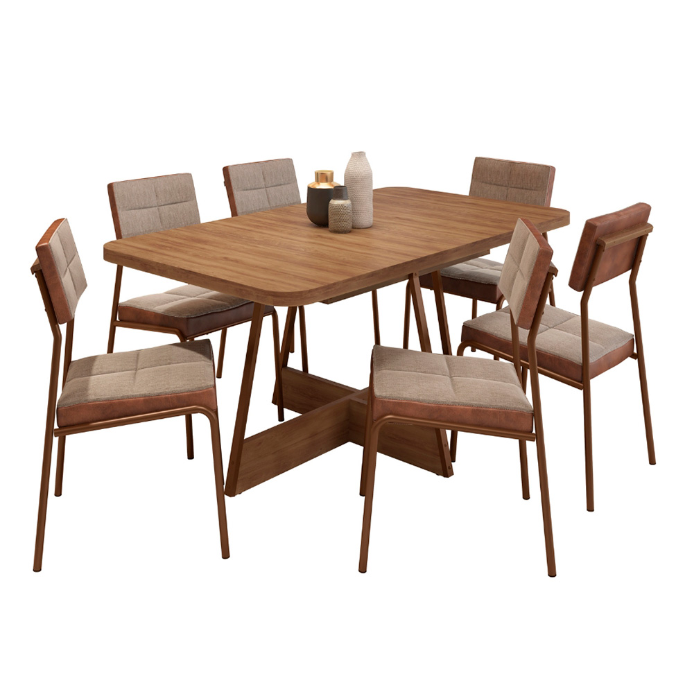 Conjunto de Mesa Retangular com Tampo de MDP Nogal Átria e 6 Cadeiras Helena Revestimento Sintético Caramelo e Areia