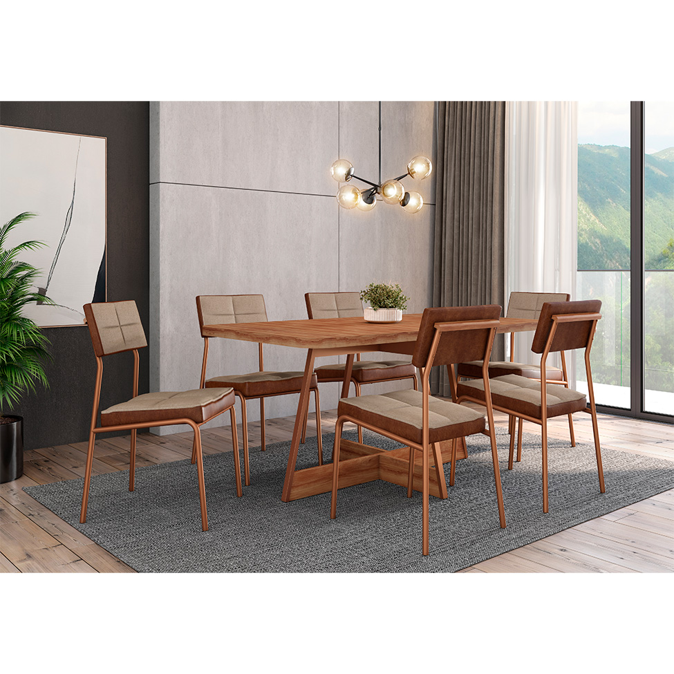 Conjunto de Mesa Retangular com Tampo de MDP Nogal Átria e 6 Cadeiras Helena Revestimento Sintético Caramelo e Areia