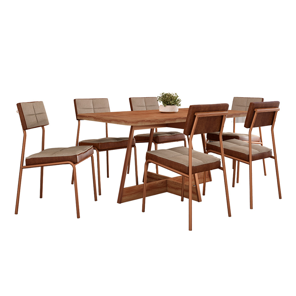 Conjunto de Mesa Retangular com Tampo de MDP Nogal Átria e 6 Cadeiras Helena Revestimento Sintético Caramelo e Areia
