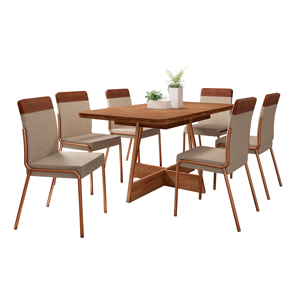 Conjunto de Mesa Retangular com Tampo de MDP Nogal Átria e 6 Cadeiras Madalena Linho Areia e Caramelo