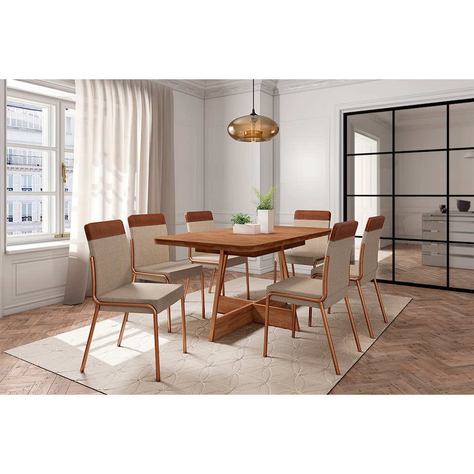 Conjunto de Mesa Retangular com Tampo de MDP Nogal Átria e 6 Cadeiras Madalena Linho Areia e Caramelo