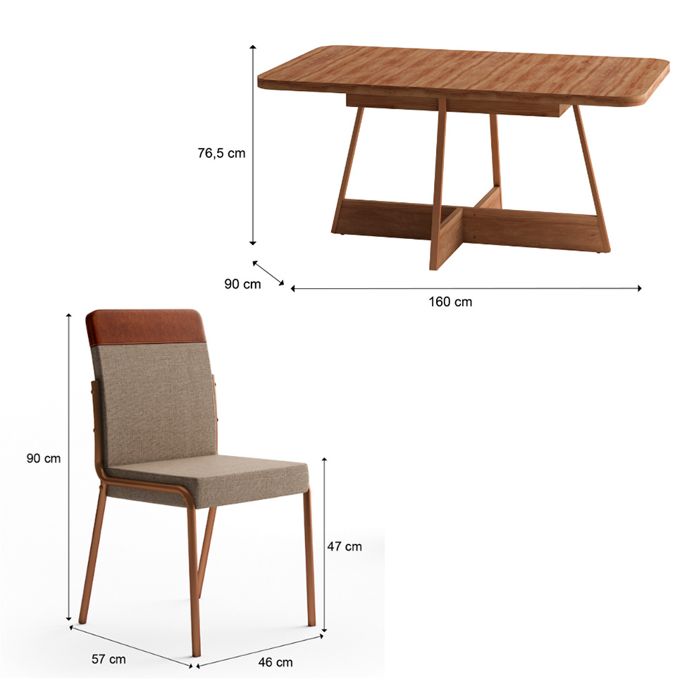 Conjunto de Mesa Retangular com Tampo de MDP Nogal Átria e 6 Cadeiras Madalena Linho Areia e Caramelo