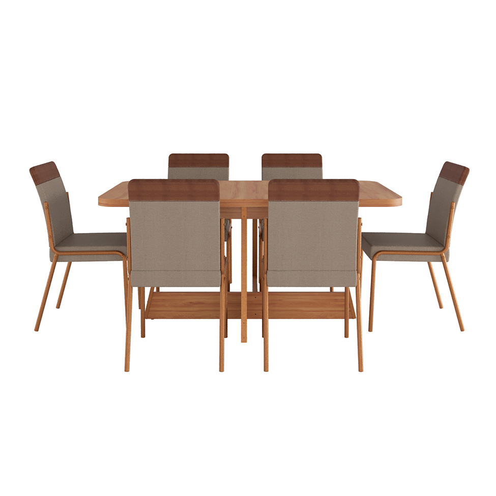 Conjunto de Mesa Retangular com Tampo de MDP Nogal Átria e 6 Cadeiras Madalena Linho Areia e Caramelo