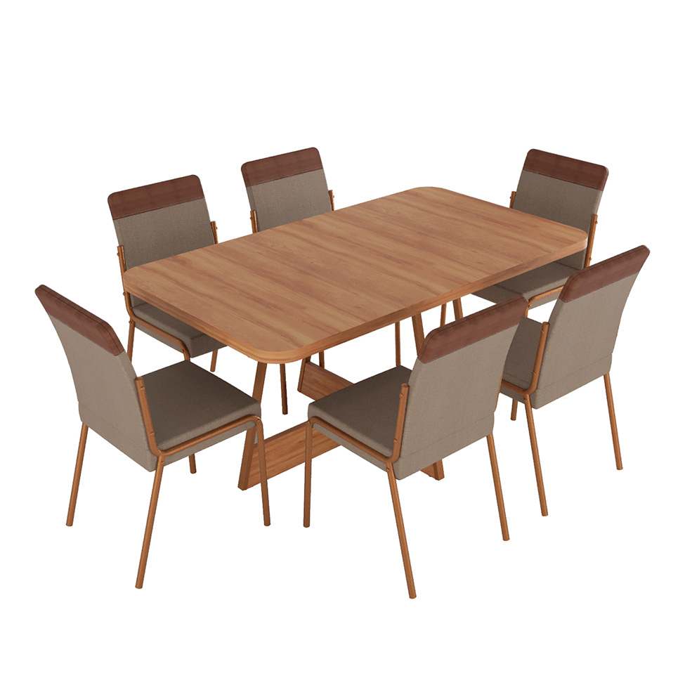 Conjunto de Mesa Retangular com Tampo de MDP Nogal Átria e 6 Cadeiras Madalena Linho Areia e Caramelo