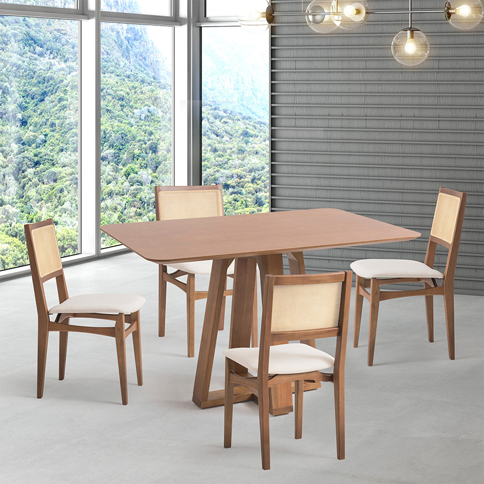 Conjunto de Mesa Retangular com Tampo de Madeira Maciça Frame e 4 Cadeiras Serena Algodão Bege Claro e Natural