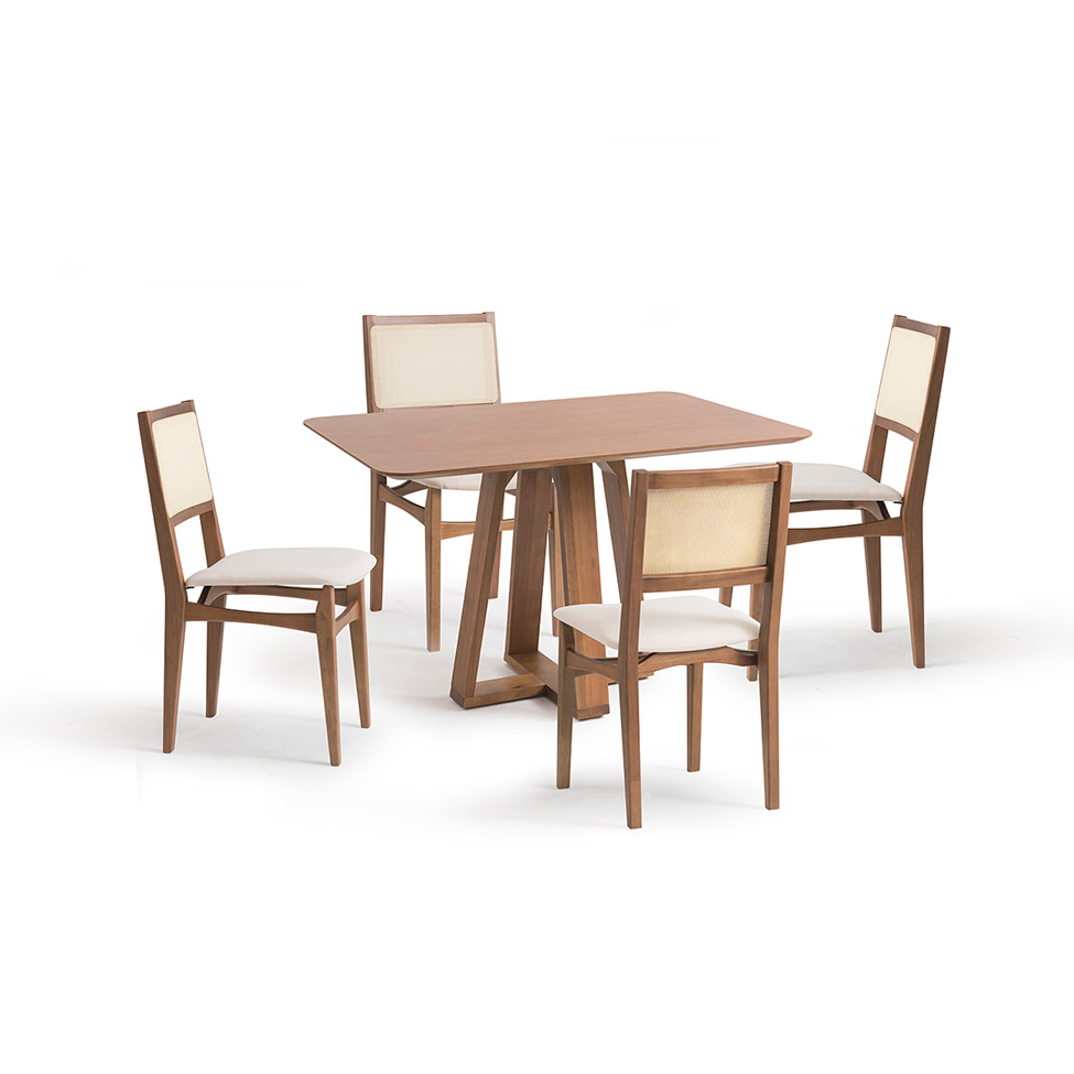 Conjunto de Mesa Retangular com Tampo de Madeira Maciça Frame e 4 Cadeiras Serena Algodão Bege Claro e Natural