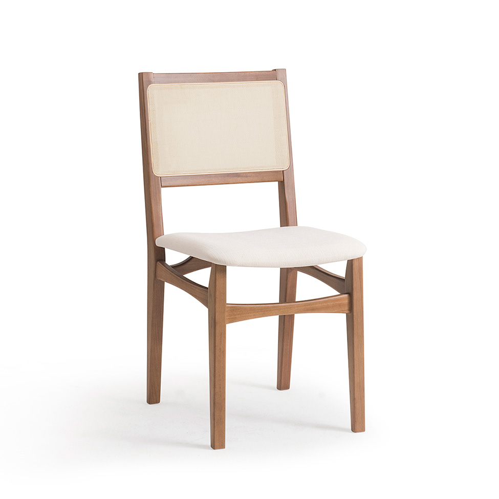 Conjunto de Mesa Retangular com Tampo de Madeira Maciça Frame e 4 Cadeiras Serena Algodão Bege Claro e Natural