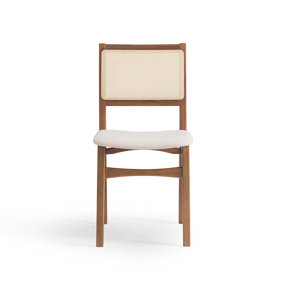 Conjunto de Mesa Retangular com Tampo de Madeira Maciça Frame e 4 Cadeiras Serena Algodão Bege Claro e Natural