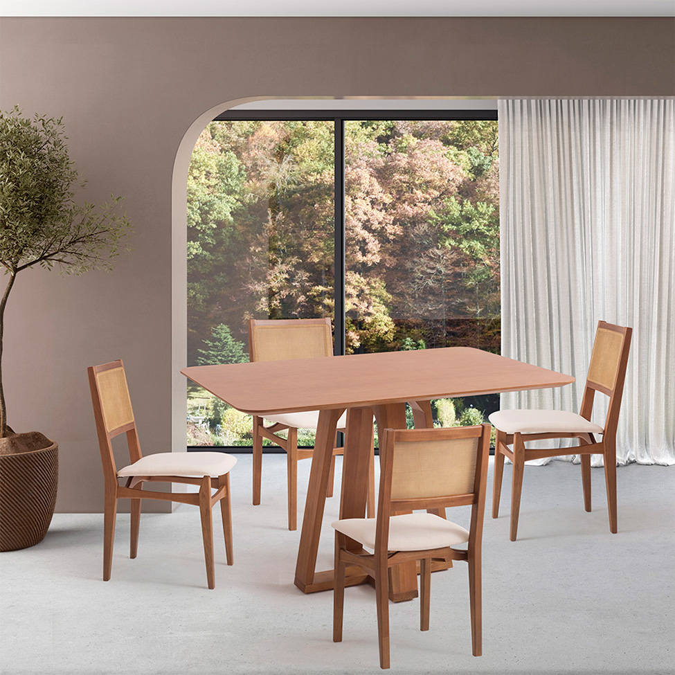 Conjunto de Mesa Retangular com Tampo de Madeira Maciça Frame e 4 Cadeiras Serena Algodão Bege Claro e Nogueira