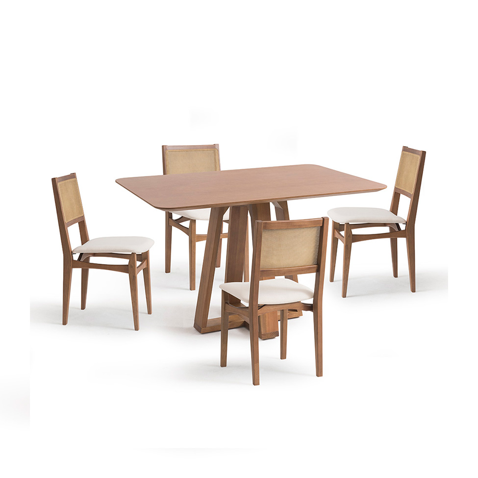 Conjunto de Mesa Retangular com Tampo de Madeira Maciça Frame e 4 Cadeiras Serena Algodão Bege Claro e Nogueira