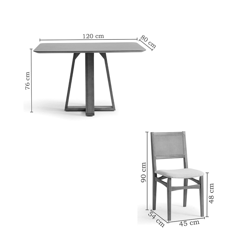 Conjunto de Mesa Retangular com Tampo de Madeira Maciça Frame e 4 Cadeiras Serena Algodão Bege Claro e Nogueira
