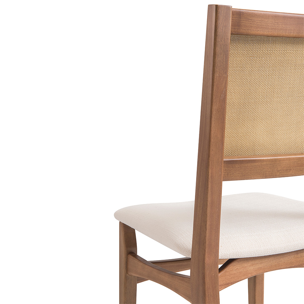 Conjunto de Mesa Retangular com Tampo de Madeira Maciça Frame e 4 Cadeiras Serena Algodão Bege Claro e Nogueira