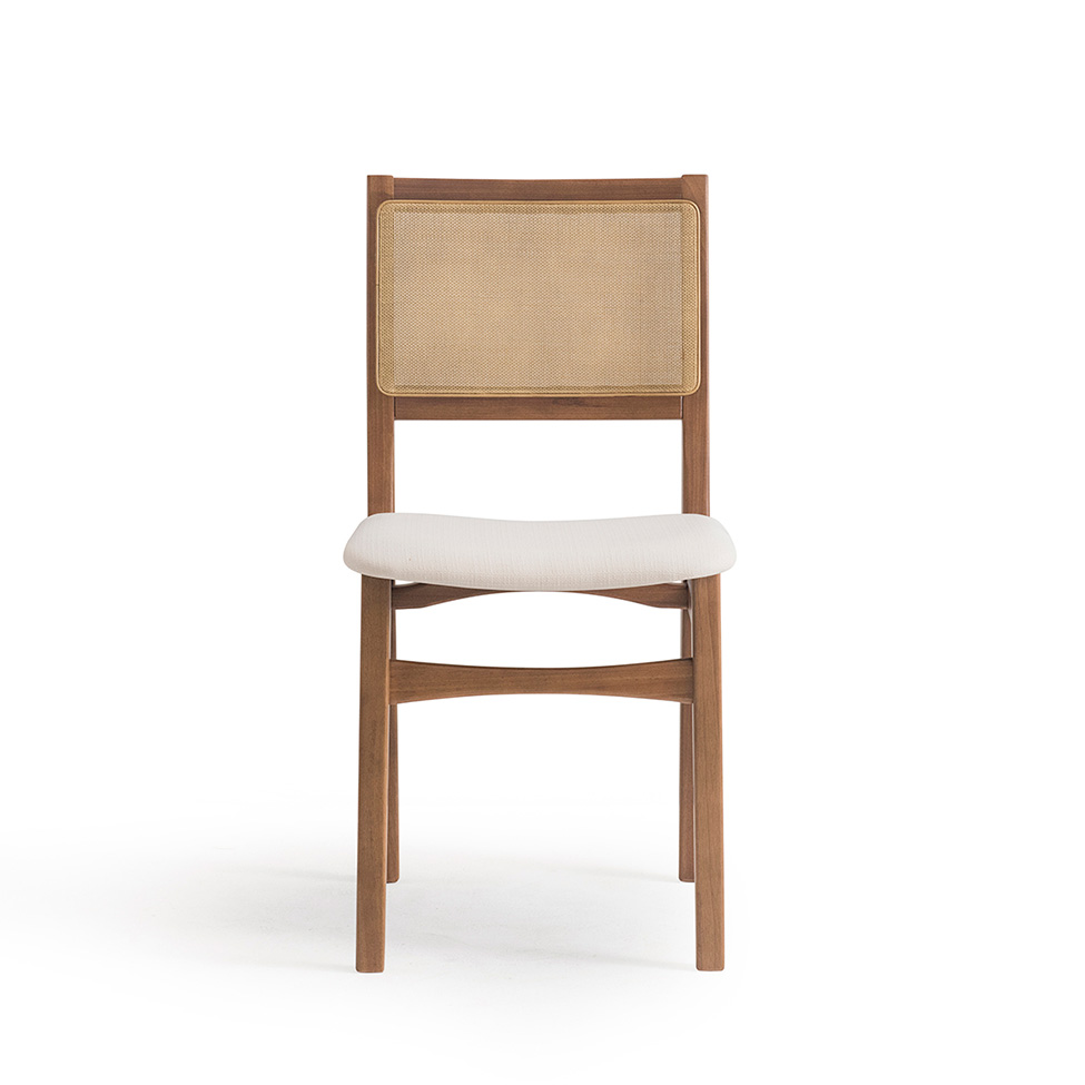Conjunto de Mesa Retangular com Tampo de Madeira Maciça Frame e 4 Cadeiras Serena Algodão Bege Claro e Nogueira