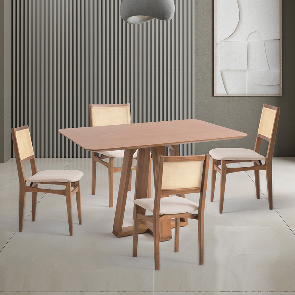 Conjunto de Mesa Retangular com Tampo de Madeira Maciça Frame e 4 Cadeiras Serena Poliéster Bege e Natural