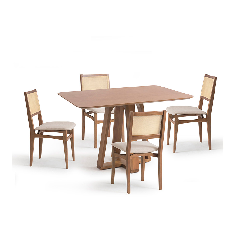 Conjunto de Mesa Retangular com Tampo de Madeira Maciça Frame e 4 Cadeiras Serena Poliéster Bege e Natural