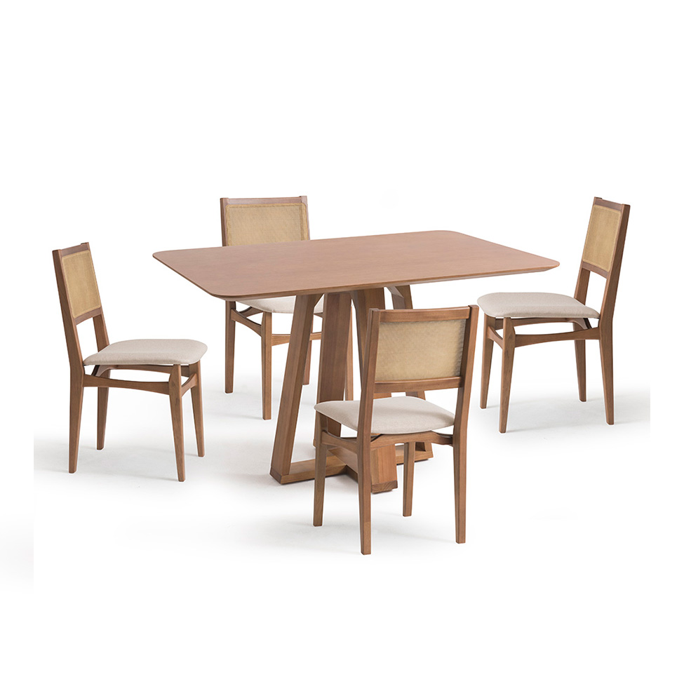 Conjunto de Mesa Retangular com Tampo de Madeira Maciça Frame e 4 Cadeiras Serena Poliéster Bege e Nogueira