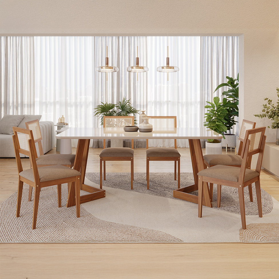 Conjunto de Mesa Retangular com Tampo de Vidro Caju e 6 Cadeiras Palmas Linho Marrom e Cinamomo