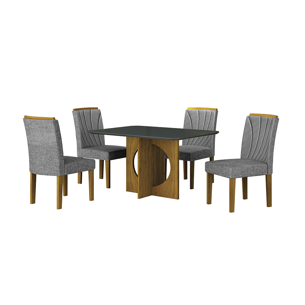 Conjunto de Mesa Retangular com Tampo de Vidro Chumbo e 4 Cadeiras Lorena Plus Linho Cinza e Freijó
