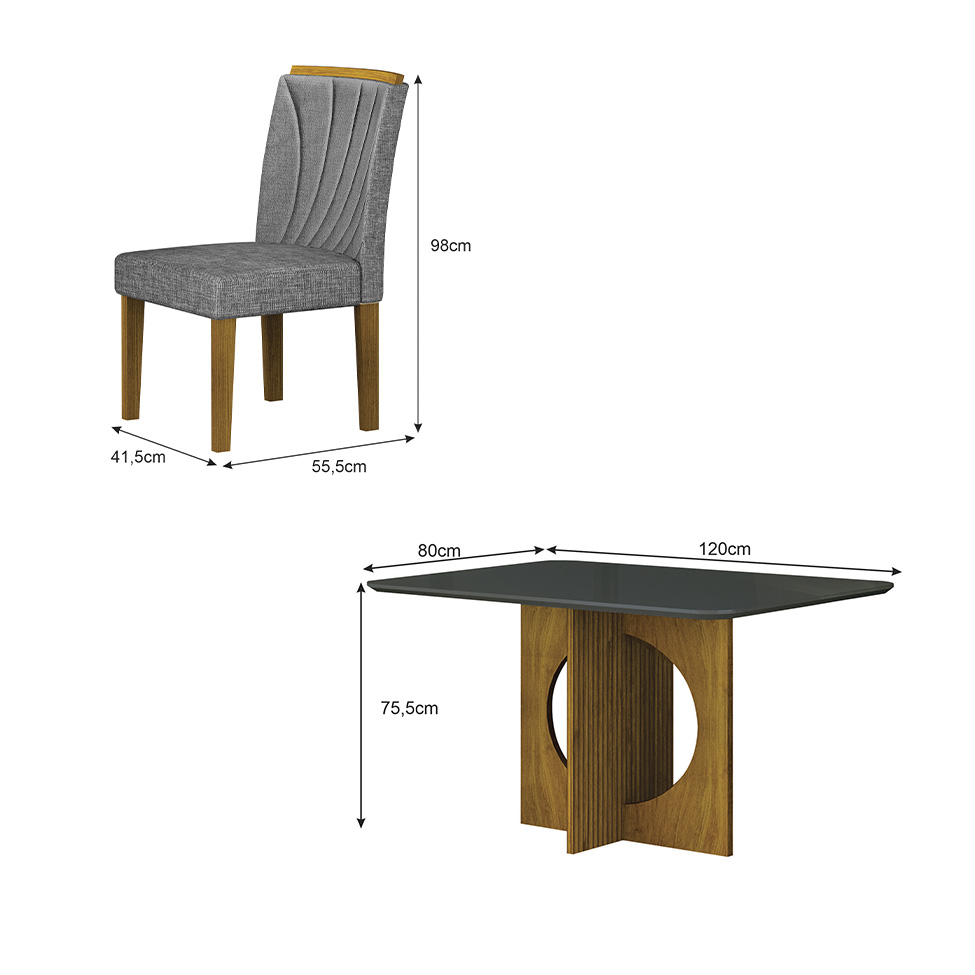 Conjunto de Mesa Retangular com Tampo de Vidro Chumbo e 4 Cadeiras Lorena Plus Linho Cinza e Freijó