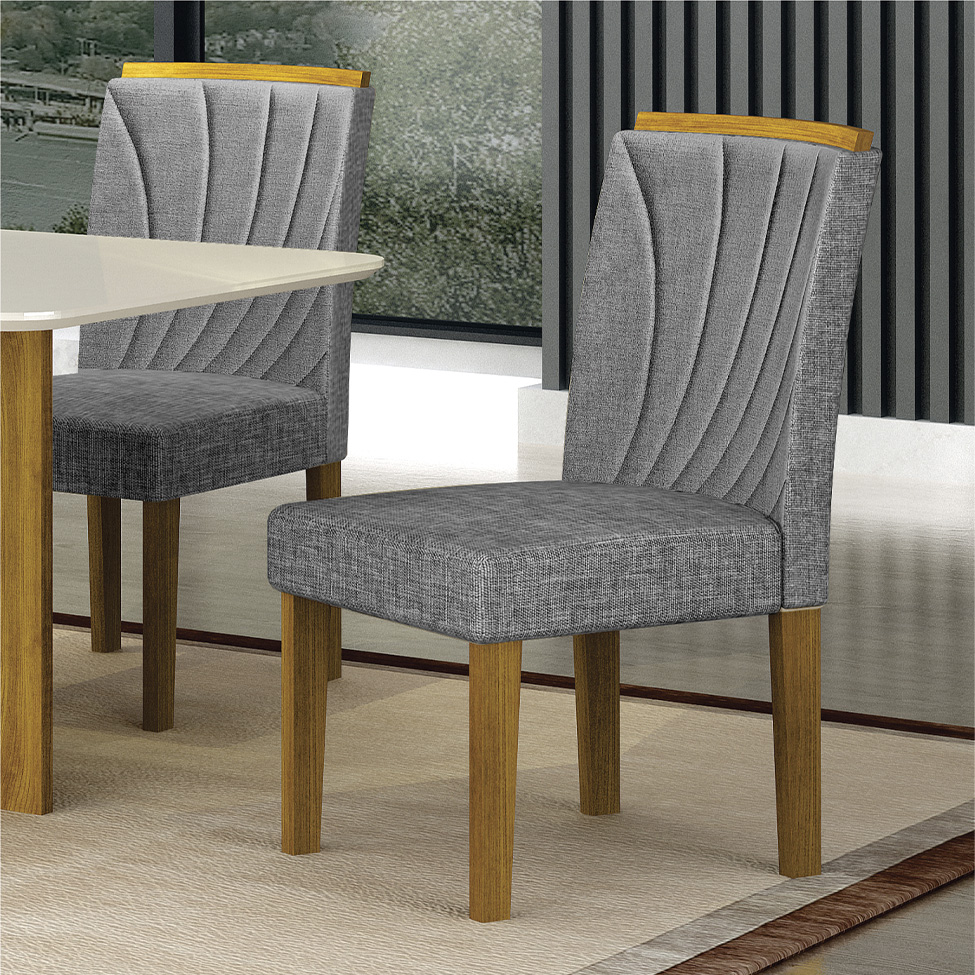Conjunto de Mesa Retangular com Tampo de Vidro Chumbo e 4 Cadeiras Lorena Plus Linho Cinza e Freijó