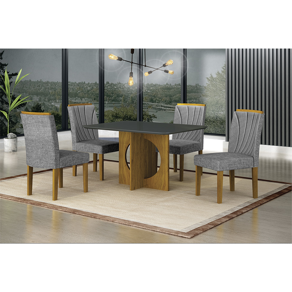 Conjunto de Mesa Retangular com Tampo de Vidro Chumbo e 4 Cadeiras Lorena Plus Linho Cinza e Freijó