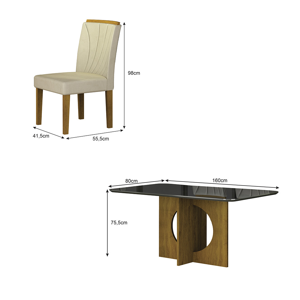 Conjunto de Mesa Retangular com Tampo de Vidro Chumbo e 6 Cadeiras Lorena Plus Camurça Palha e Freijó