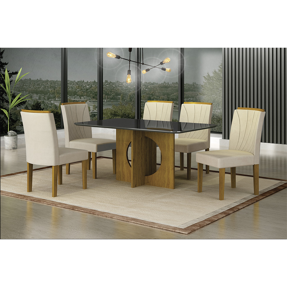 Conjunto de Mesa Retangular com Tampo de Vidro Chumbo e 6 Cadeiras Lorena Plus Camurça Palha e Freijó