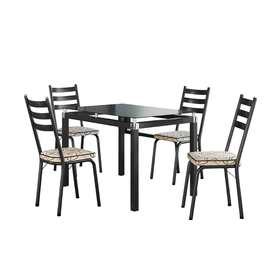 Conjunto de Mesa Retangular com Tampo de Vidro Malva e 4 Cadeiras New Revestimento Sintético Cedro e Preto 107 cm