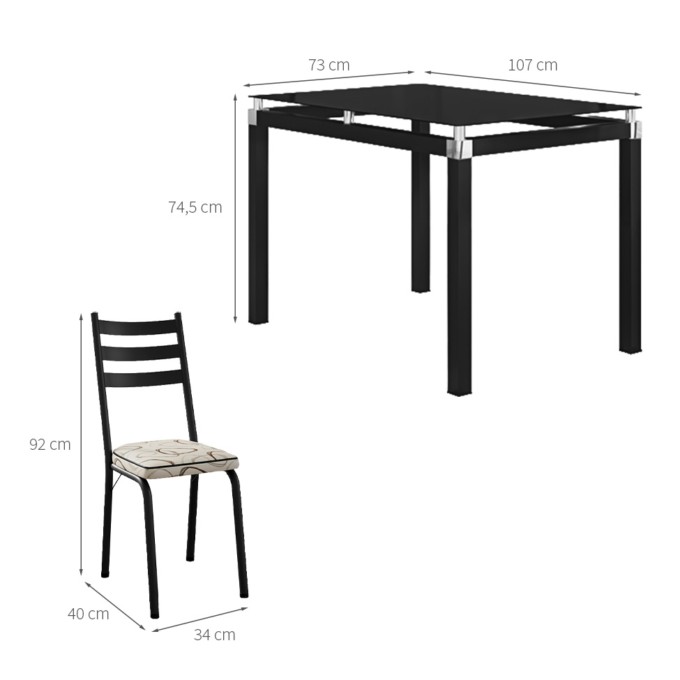 Conjunto de Mesa Retangular com Tampo de Vidro Malva e 4 Cadeiras New Revestimento Sintético Cedro e Preto 107 cm