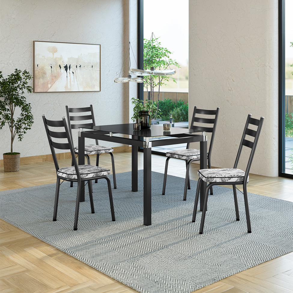 Conjunto de Mesa Retangular com Tampo de Vidro Malva e 4 Cadeiras New Revestimento Sintético Floral Cinza e Preto 107 cm