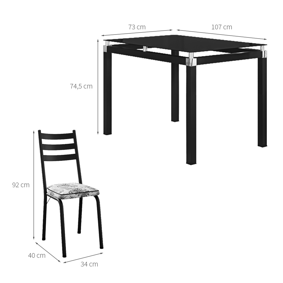 Conjunto de Mesa Retangular com Tampo de Vidro Malva e 4 Cadeiras New Revestimento Sintético Floral Cinza e Preto 107 cm