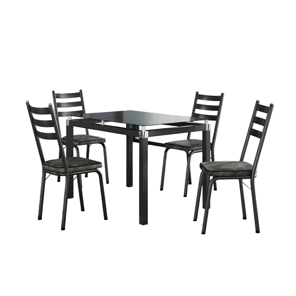 Conjunto de Mesa Retangular com Tampo de Vidro Malva e 4 Cadeiras New Revestimento Sintético Floral Dourado e Preto 107 cm