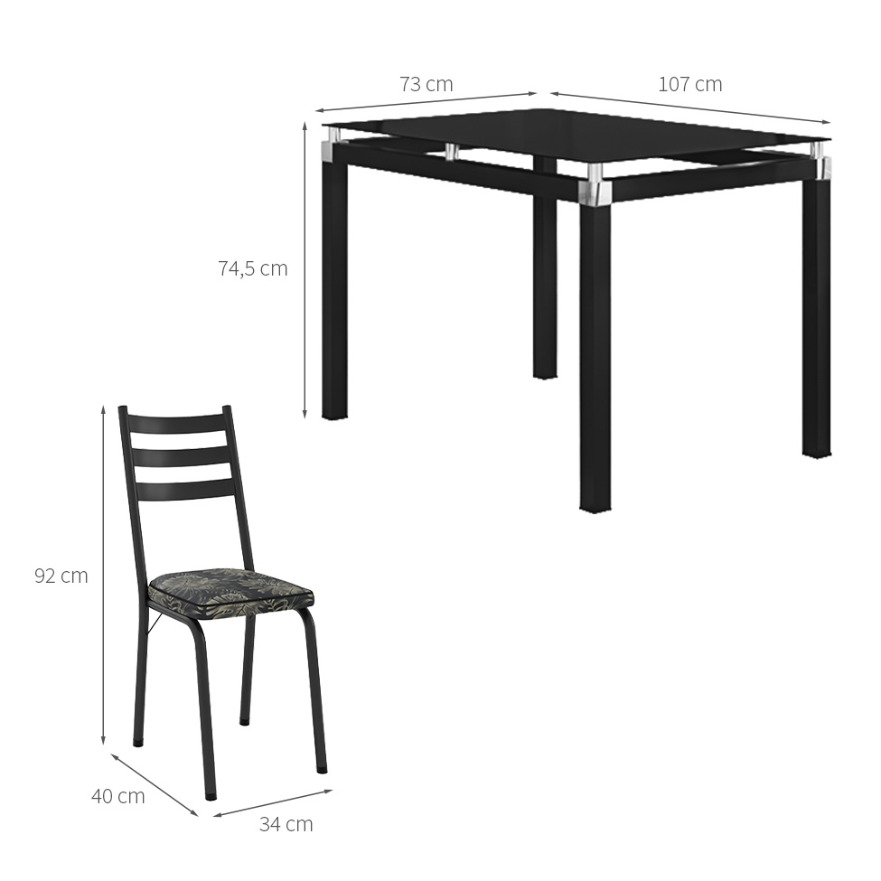 Conjunto de Mesa Retangular com Tampo de Vidro Malva e 4 Cadeiras New Revestimento Sintético Floral Dourado e Preto 107 cm