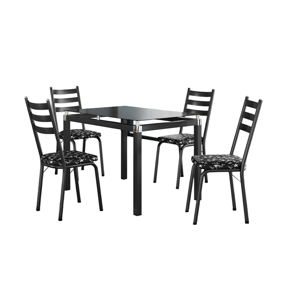 Conjunto de Mesa Retangular com Tampo de Vidro Malva e 4 Cadeiras New Revestimento Sintético Floral e Preto 107 cm