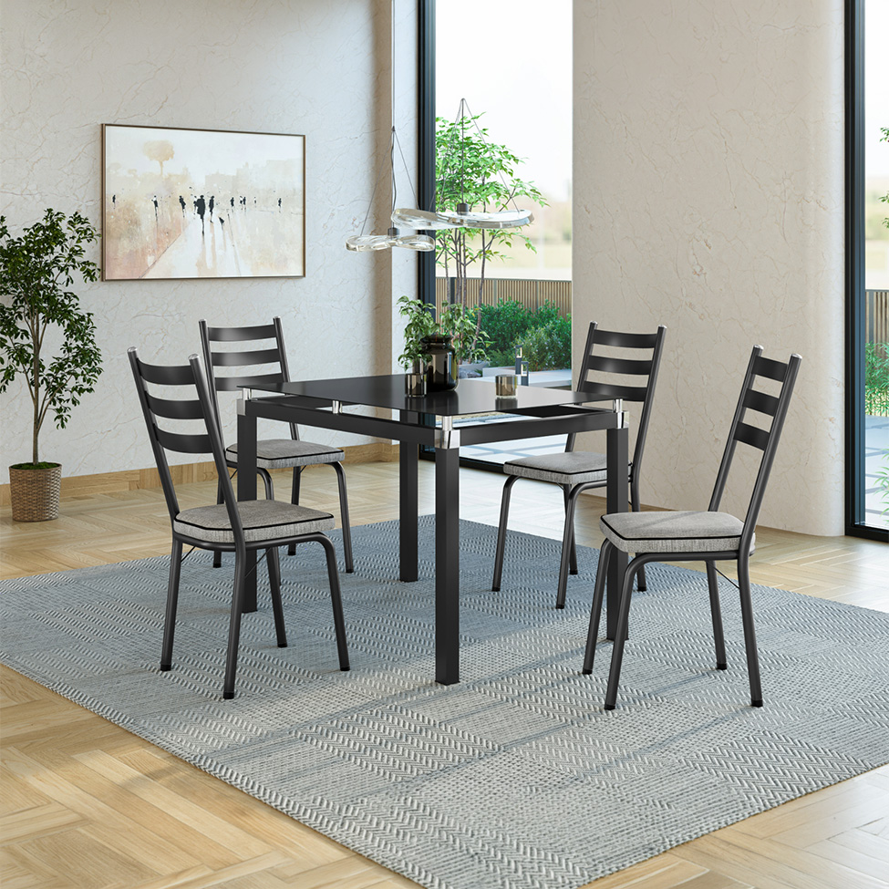 Conjunto de Mesa Retangular com Tampo de Vidro Malva e 4 Cadeiras New Revestimento Sintético Grafiato e Preto 107 cm