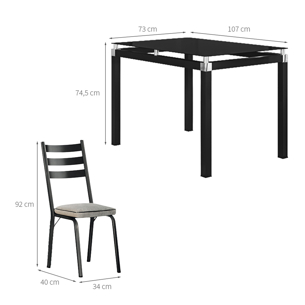 Conjunto de Mesa Retangular com Tampo de Vidro Malva e 4 Cadeiras New Revestimento Sintético Grafiato e Preto 107 cm