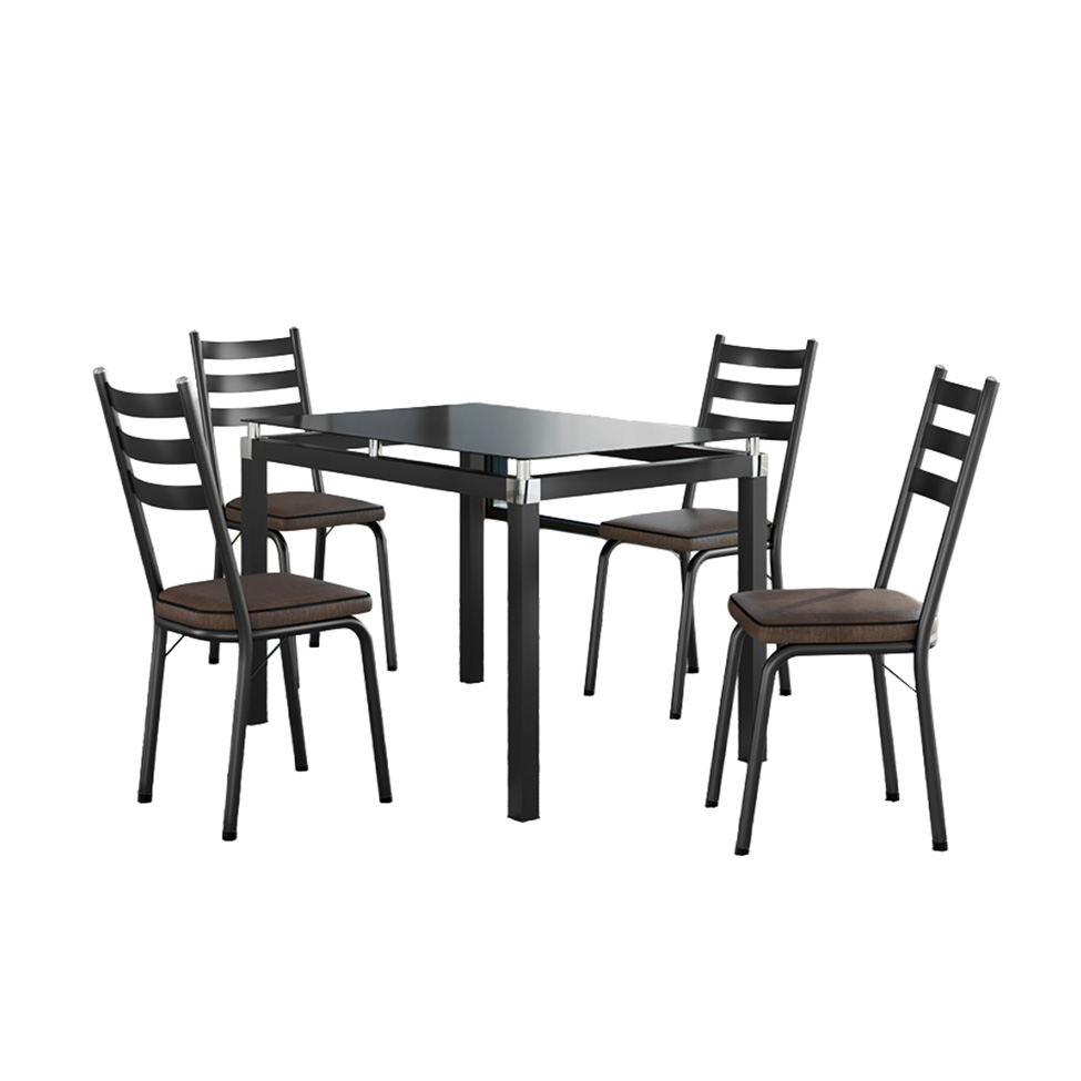 Conjunto de Mesa Retangular com Tampo de Vidro Malva e 4 Cadeiras New Revestimento Sintético Imbuia e Preto 107 cm