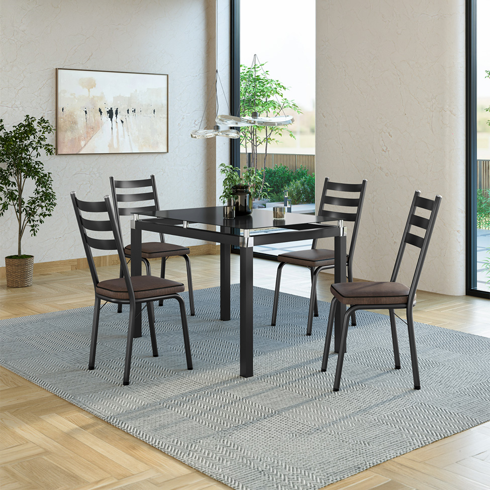 Conjunto de Mesa Retangular com Tampo de Vidro Malva e 4 Cadeiras New Revestimento Sintético Imbuia e Preto 107 cm