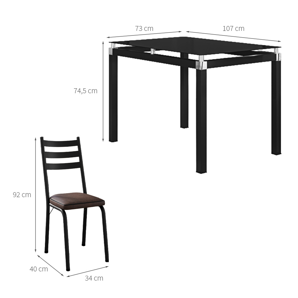 Conjunto de Mesa Retangular com Tampo de Vidro Malva e 4 Cadeiras New Revestimento Sintético Imbuia e Preto 107 cm