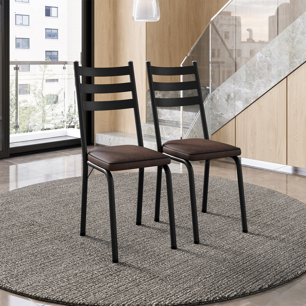 Conjunto de Mesa Retangular com Tampo de Vidro Malva e 4 Cadeiras New Revestimento Sintético Imbuia e Preto 107 cm